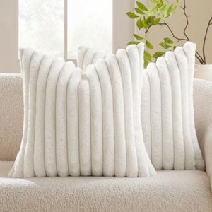 Selbro ® Set van 2 fluwelen kussenslopen met imitatiebont, superzacht en modern design, 40 x 40 cm, zuiver wit