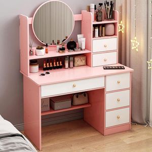 Moderne kaptafel van hout met spiegel - Grote make-uptafel met 6 laden en 5 open planken - Roze - DIY scheidingswanden - 80 x 37 x 120 cm make up tafel