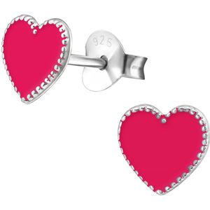 Joy|S - Zilveren hartje oorbellen - 7 mm - diep roze/ rood - oorknoppen