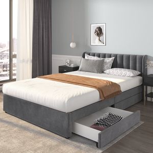 KOMHTOM Tweepersoonsbed 160x200 cm Bed met Laden Gestoffeerd Bed Volwassene Met Boxspringrug 2 Laden Grijs