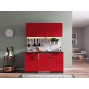 Goedkope keuken 150  cm - complete kleine keuken met apparatuur Oliver - Donker eiken/Rood - keramische kookplaat  - koelkast  - mini keuken - compacte keuken - keukenblok met apparatuur