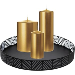 Wiedemann Cilinderkaarsen/stompkaarsen - op dienblad - set van 3 - metallic goud - 6 x 12/10x15/7x20 cm