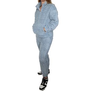 Licht Blauw - Huispak - Teddy - Fleece - [ Maat 40/42 ] - Dames - Joggingpak - Gewatteerd - Fleece vest & Fleece broek - Setje voor volwassenen - Cadeau voor vrouw - Fluffy en Warm