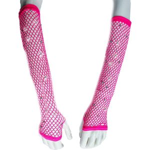 BamBella® Vingerloos Net handschoenen steentjes - One Size - Roze - Visnet handschoenen - Feest - Gothic Carnaval Merk: BamBella