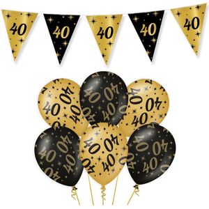 40 Jaar Verjaardag Decoratie Versiering - Feest Versiering - Vlaggenlijn - Ballonnen - Klaparmband - Man & Vrouw - Zwart en Goud
