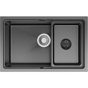 Auralum Spoelbakken Keuken 68x43CM - Spoelbak Grijszwart RVS - Met mand en waterafvoersysteem - Past op 80 cm kasten