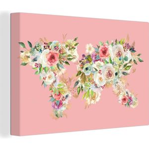 Wanddecoratie Wereldkaart - Rozen - Anemoon - Roze - Canvas - 180x120 cm