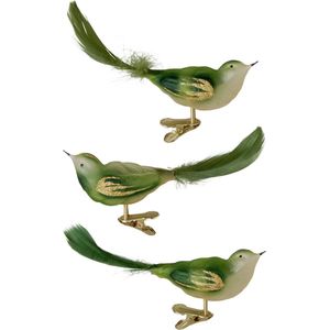 3x stuks luxe glazen decoratie vogels op clip groen 11 cm - Decoratievogeltjes - Kerstboomversiering