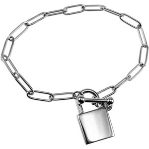 Armband Dames - RVS 14K Wit Goud Plated - Paperclipschakels Armband met Hangslot Hanger