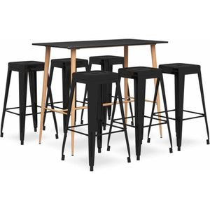 The Living Store 7-delige Barset zwart - Bartafel - Zwarte Bartafel - Barstoel - Barkruk - Eetkamermeubel