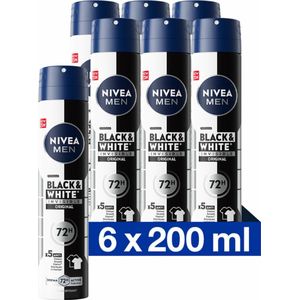NIVEA MEN Invisible for Black & White Original Anti-Transpirant Spray - Geen witte of gele vlekken - Quickdry - Alcoholvrij - Beschermt 72 uur - 6 x 200 ml
