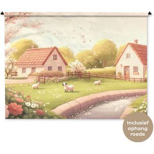 Wandkleed 180x135 cm - Wanddoek Schapen - Huisje - Platteland - Wandtapijt - Wandkleden