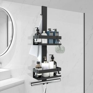 Roestvrijstalen Douche Caddy Hangend, Doucheplank zonder Boren, Glasdeur Ophangbaar Binnen 12mm (Zwart)