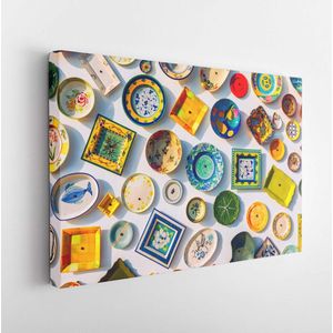 Collection of colorful Portuguese ceramic pottery, local craft products from Portugal. Ceramic plates display in Portugal. Colorful of vintage ceramic plates in Sagres, Portugal. - Modern Art Canvas - Horizontal - 1387908362 - 50*40 Horizontal