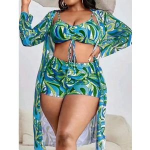 Bikini- 3-delige Plus Size Sexy Boho Bikini Tankini set- Dames Plus Paisley-print Veterbeha Short Strand Kimono- Driedelige Badpak Zwemkleding Strandkleding- Groen- Maat 3XL