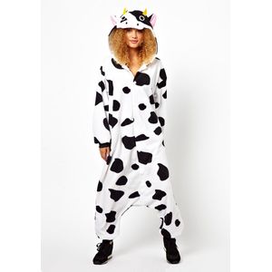 KIMU Onesie Koe Pak - Maat L-XL - Koeienpak Kostuum Zwart Wit Gevlekt Rund - Zacht Fleece Huispak Dierenpak Jumpsuit Pyjama Dames Heren Carnaval Carnavalspak