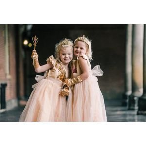 Prinsessenjurk meisje - Verkleedkleding - Feestjurk - maat 134/140 - met pailletten kroon -Kroon - Magische Toverstaf - Lange handschoenen - Goud