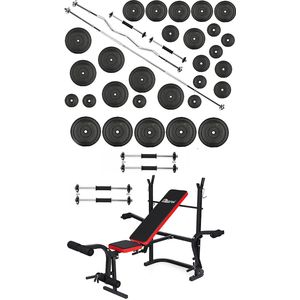 Halterbank inc. 180 kg GEWICHTEN XXXL - Sportbank - Fitnessbank + halterschijven + 2 halterstangen + 8 dumbbell stangen - multifunctioneel - volledig instelbaar – Opklapbaar