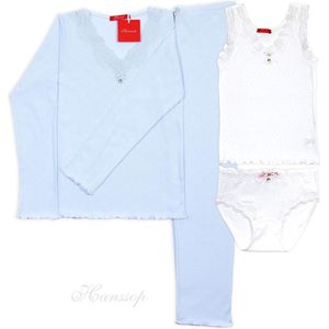 Exclusief Luxueus Kinder nachtkleding Hanssop, Luxe licht blauwe pyjama set met bijpassende wit ondergoed setje, maat 140