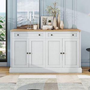 Sweiko Groot dressoir met 4-deurs en 2-lades, moderne buffetkast voor eetkamer en woonkamer, 150 x 86 x 40 cm (L/B/H) ,Antiek wit en natuurhout