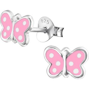 Joy|S - Zilveren vlinder oorbellen - roze met witte stipjes - 8 x 5 mm - oorknoppen voor kinderen