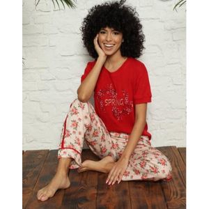 Viscose Dames Pyjamaset /Huispak Rood Korte Mouw Maat M