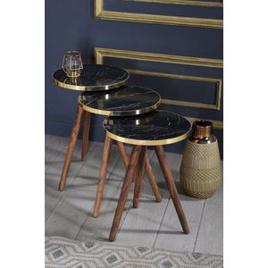 Bijzettafel set van 3 zwart/goud marmer look met houtkleurige poten