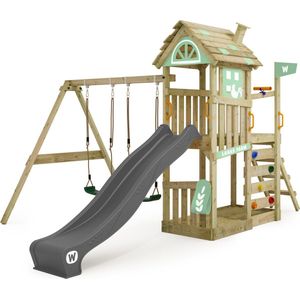 WICKEY speeltoestel klimtoestel FarmFlyer met schommel, pastelgroen zeil & antracietkleurige glijbaan, outdoor klimtoren voor kinderen met zandbak, ladder & speelaccessoires voor de tuin