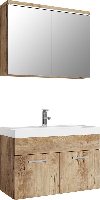 Badplaats Badkamermeubel Set Paso 02 80 cm - Kastanje Eiken - Badmeubel met Wastafel en Spiegelkast