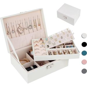 Sieraden Organizer Box voor dames en meisjes, 2-laags grote sieraden opbergdoos voor kettingen ringen oorbellen armbanden (wit)