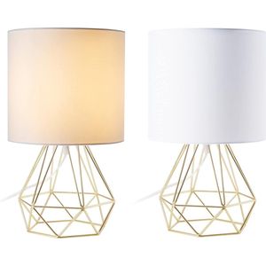 Abat-Jour moderne bedlamp voor slaapkamer woonkamer lamp kooivorm met chromen afwerking en witte lampenkap (goudtint-2 stuks)