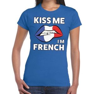 Kiss me I am French t-shirt blauw dames - feest shirts dames - Frankrijk kleding S