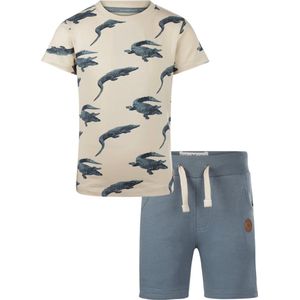 Koko Noko - Kledingset - 2delig - Joggingbroek Short Sweat Pants Blauw - Shirt Offwhite met blauwe krokodillen - Maat 86