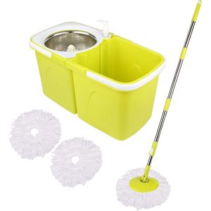 Dweilmop en emmersets - aparte stapelbare emmers - 2 Microfiber Mop Heads - 360 ° Spinnable - Verstelbare Hoogte Telescopische Handvat