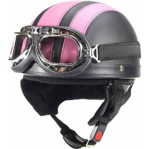 Vintage Pothelm – Scooterhelm Retro met Gratis Motorbril – Pothelm Scooter – Duitse Helm - Gemaakt van PU Leder – Zwart - Roze