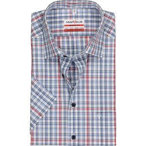 MARVELIS modern fit overhemd - korte mouw - popeline - wit met rood en blauw geruit - Strijkvrij - Boordmaat: 39