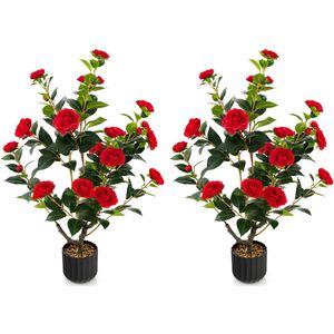 COSTWAY Set van 2 kunstboom met bloemen 95 cm, kunstmatige cameliaboom, kunstplant in pot, cameliaplant met 24 bloemen en natuurlijke stam, kunstbloem thuis, kamerplant, decoratieve plant (2, rood)