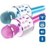 Karaoke microfoon Bluetooth (2x) - MAX KM01 - met o.a. speaker, echo & stemvervormer - Blauw / Roze