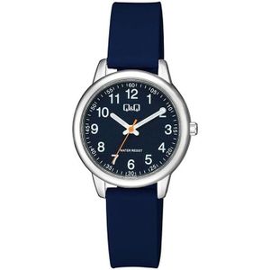 Q&Q QC15J305Y - Horloge - Analoog - Kinderen - Unisex - Plastic band - Rond - Cijfers - Metaal - Donkerblauw - Zilverkleurig - Wit - 3 ATM