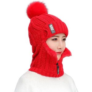 Gebreide Wintermuts 3 in 1 Vrouwen Warm Pom Pom Cap Hoed Sjaal Set Dikke Hoed Oormanchet Thermische Winddicht en Koud voor Fietsen Skiën Schaatsen Wandelen Buitensporten Rood