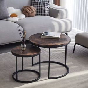 Varnox Salontafel - Salontafel set - Houten tafels - Koffietafel - Bijzettafel - Nestelbare salontafel - Ronde salontafel - 2in1 combinatie - Zwarte poot - Fire Cloud - Bruin - 60cm en 40cm