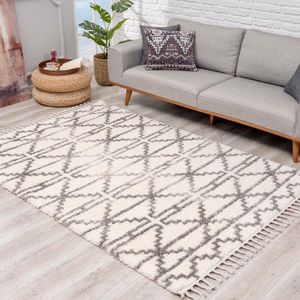 Flycarpets Calidia Hoogpolig Geruit Vloerkleed - Grijs - 80x400 cm