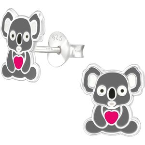 Joy|S - Zilveren koala oorbellen - 9 x 8 mm - grijs met roze hartje - oorknoppen voor kinderen