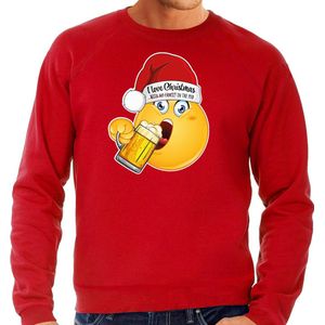 Bellatio Decorations Foute Kersttrui/sweater voor heren - bier - rood - grappig - emoji S