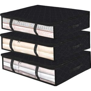 Opbergbox voor onder het bed, opbergzak voor onder het bed met venster en handvat, 59x45x15cm 3 stuks, dikke, opvouwbare non-woven stof, voor het opbergen van dekbedden, kussens, kleding, dekens (zwart)