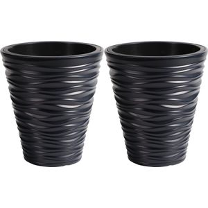 Prosperplast Plantenpot/bloempot Sand Dunes - 2x - buiten/binnen - kunststof - antraciet - D35 x H38 cm - met binnenpot