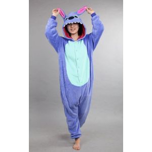 KIMU Onesie Stitch Pak - Maat M-L - Monster Jumpsuit Huispak Fleece Pyjama Volwassenen Dames Heren Blauw Monstertje Alien 170 176 Festival