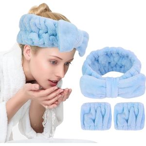 3 stuks spa hoofdband en polsband gezichtswasset, herbruikbare zachte make-up hoofdband fleece huidverzorging hoofdbanden voor het wassen van gezicht (los blauw)