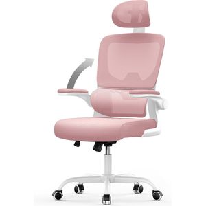 Ergonomische bureaustoel - Fauteuil - met 90° opklapbare armleuning - Adaptieve lendensteun - In hoogte verstelbaar Roze