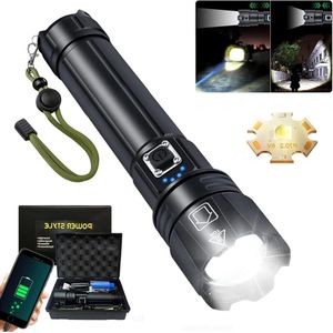 Super heldere LED-zaklamp P70 voor kamperen en wandelen - 250000 lumen, XHP70.2, oplaadbaar - 5 modi, Zoomable, IPX7 waterdicht (zwart)